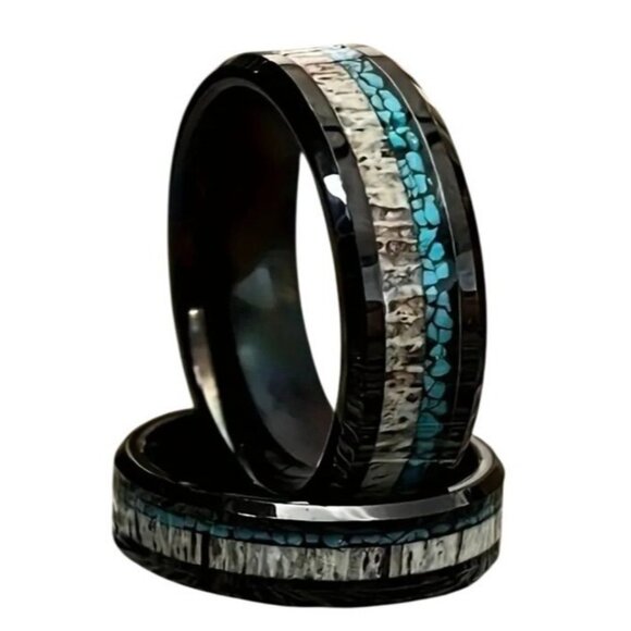 Tungsten Steel Carbide Crushed Turquoise & Deer Antler Center statement Ring - Picture 2 of 3